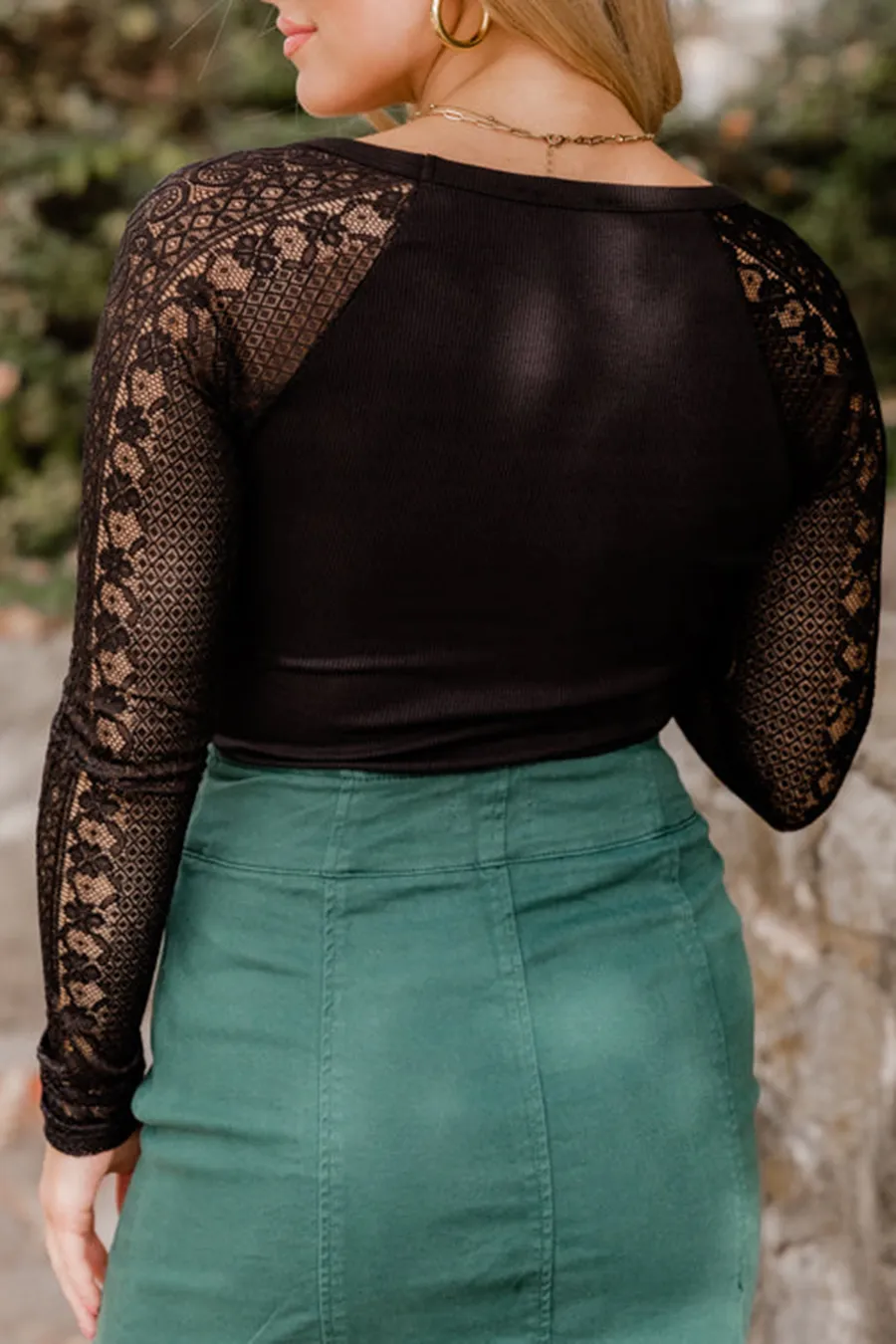 Black Lace Sleeve Square Neck Bodysuit