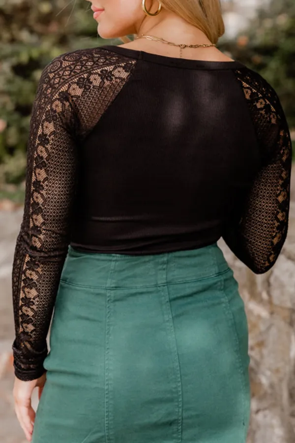 Black Lace Sleeve Square Neck Bodysuit