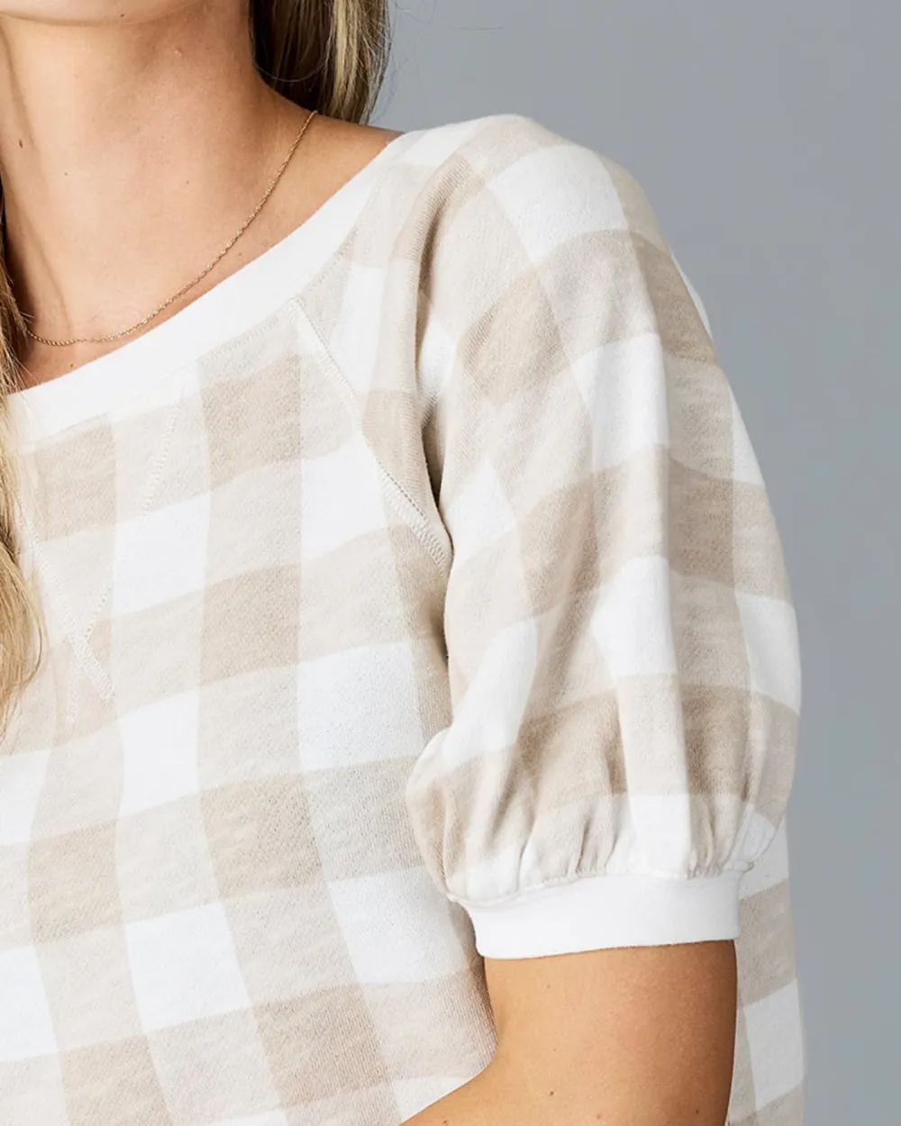 Cream Colored Checkered Short Sleeve Sweater