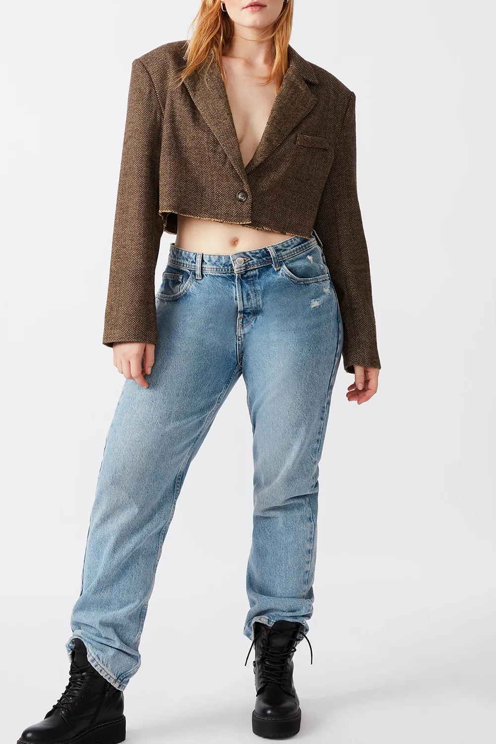 V Neck Cropped Blazer Brown