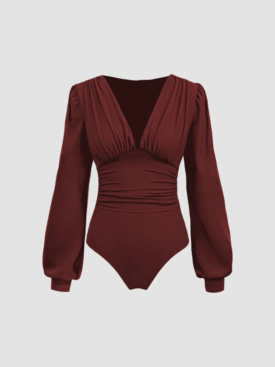 Jersey V-Neck Solid Ruched Bodysuit