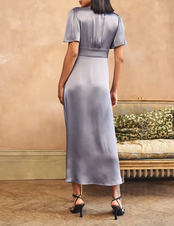 Blue Satin Button Front Maxi Dress