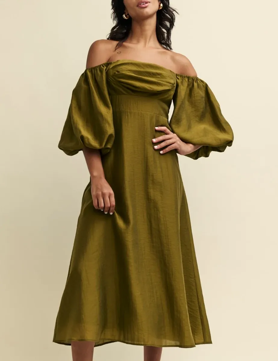 Olive Green Satin Puff Sleeve Maxi Dress
