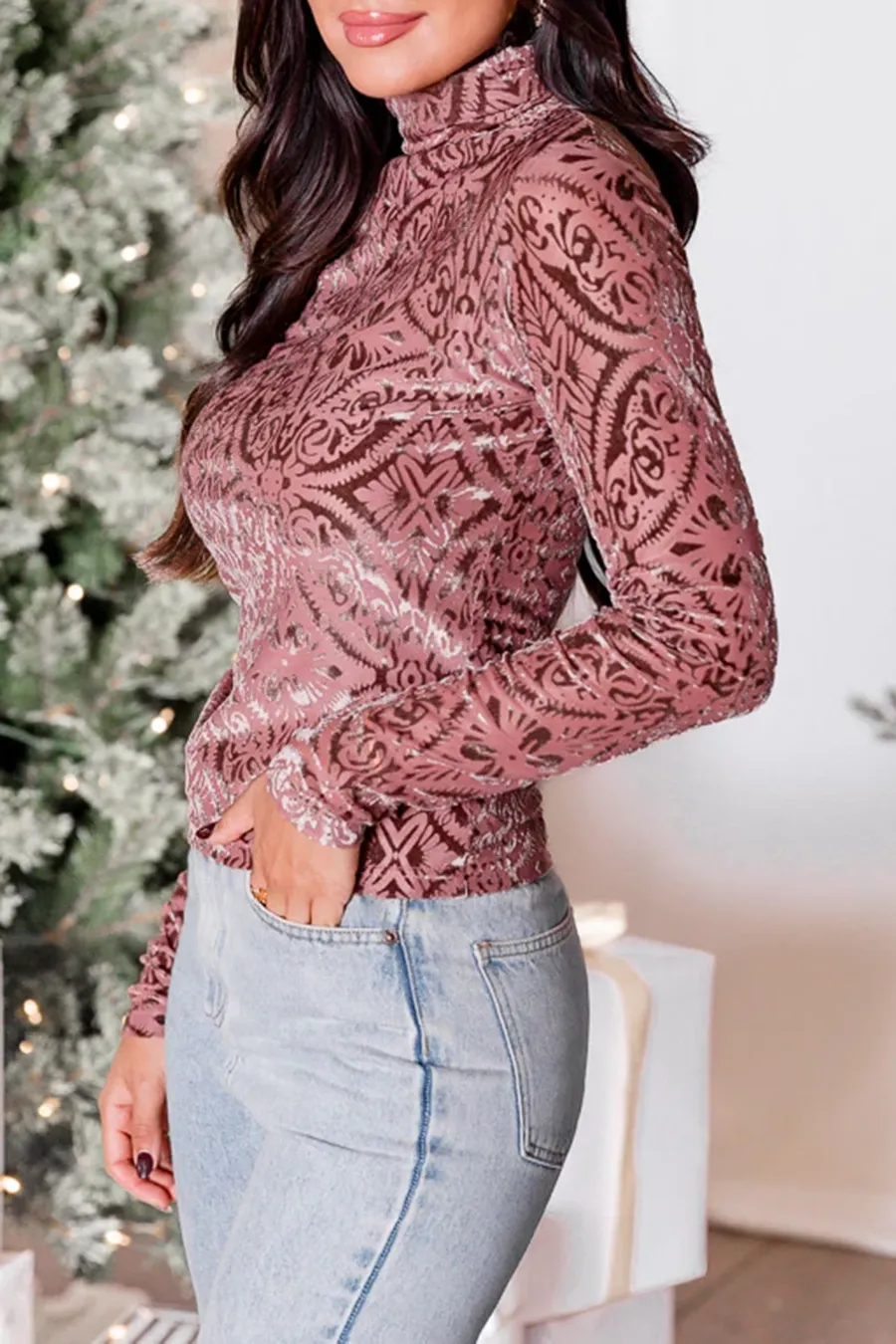 Mauve Velvet Printed Turtleneck Blouse