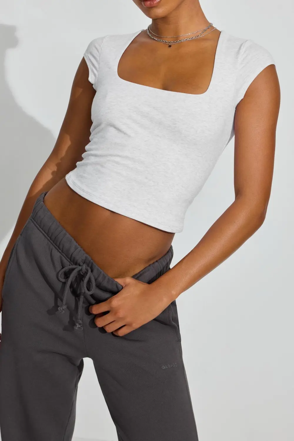 Square Neckline Short Sleeve Crop Top