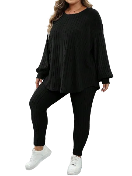 Plus Size Women's Autumn-Winter Ribbed 2pc Drop Shoulder Set