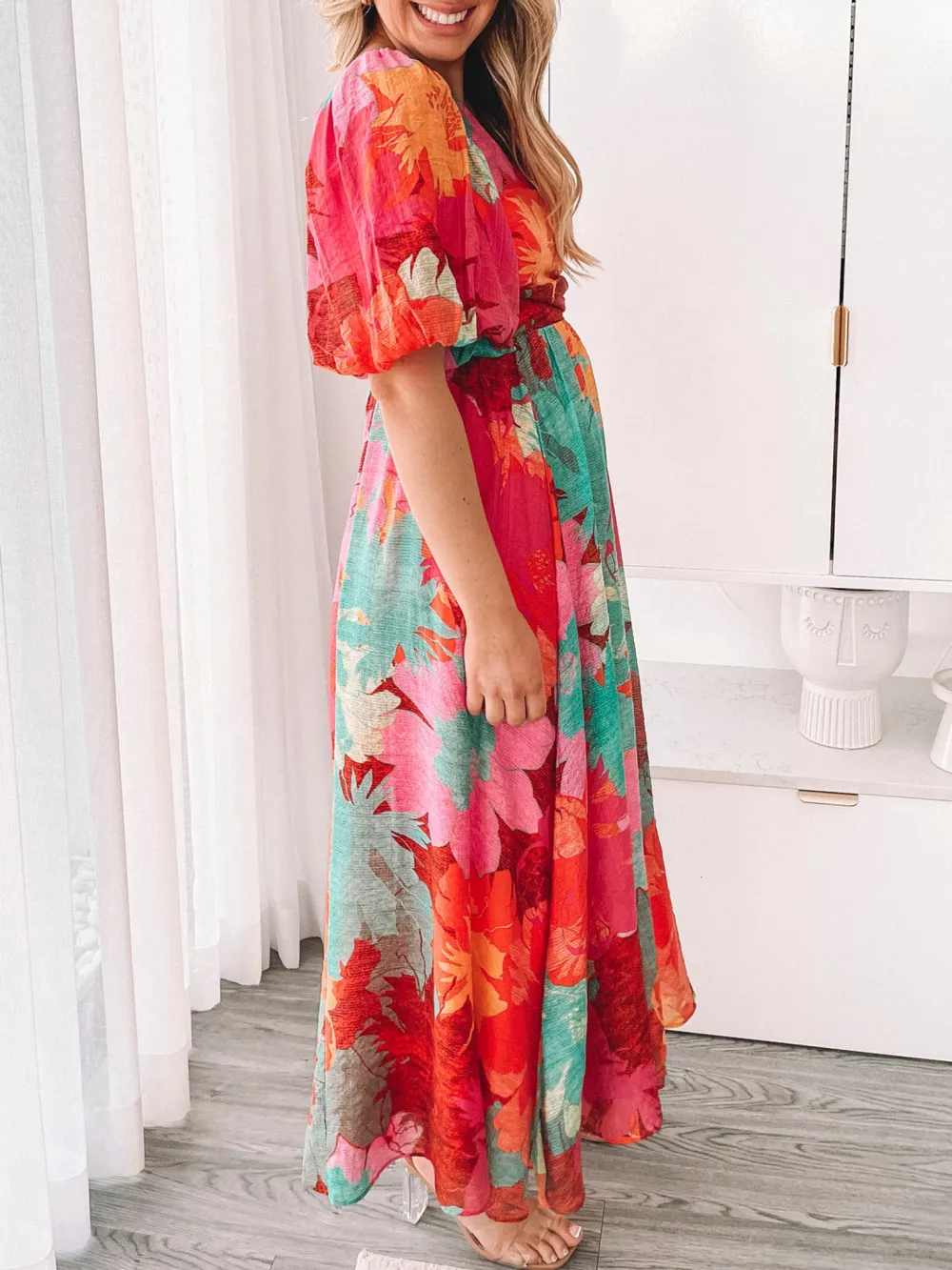 One Shoulder Neckline Pink Floral Dress