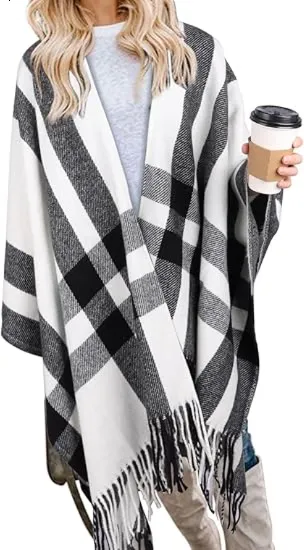 🎁Christmas Gifts🎁Women's Warm Plaid Poncho - Boho Open Front Shawl Wrap with Tassel