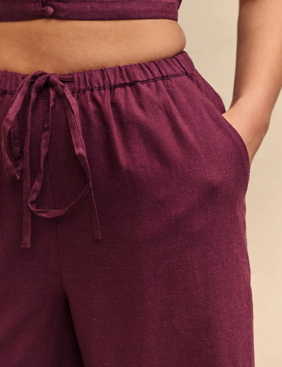 Plum Linen-blend Drawstring Trousers