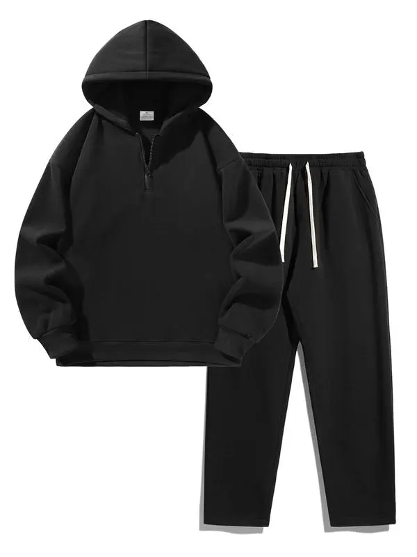 🔥Last Day Promotion 89% OFF🔥Men's Plain Drop Shoulder Sweatsuit Set - Half Zip Hoodie & Drawstring Sweatpants With Pockets