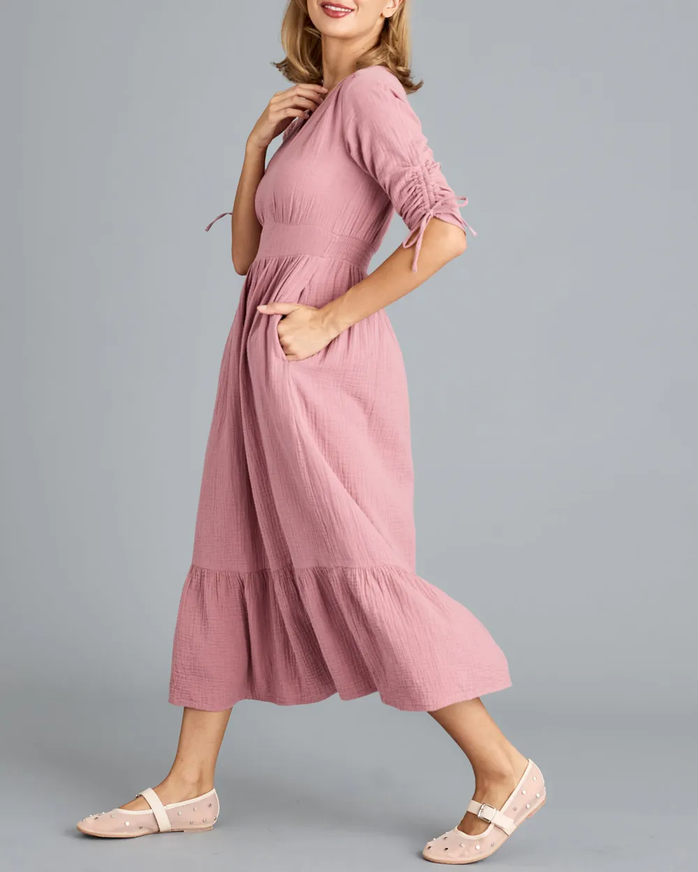 Pink Side Pockets Midi Dress