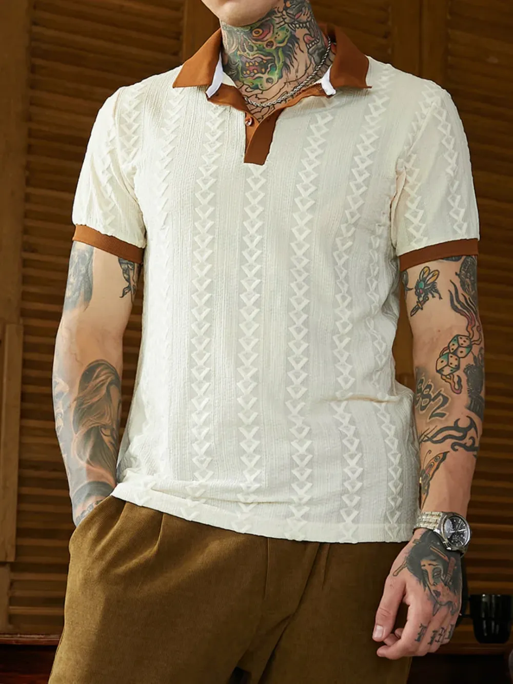 Textured Color Block Short Sleeve Polo Shirt