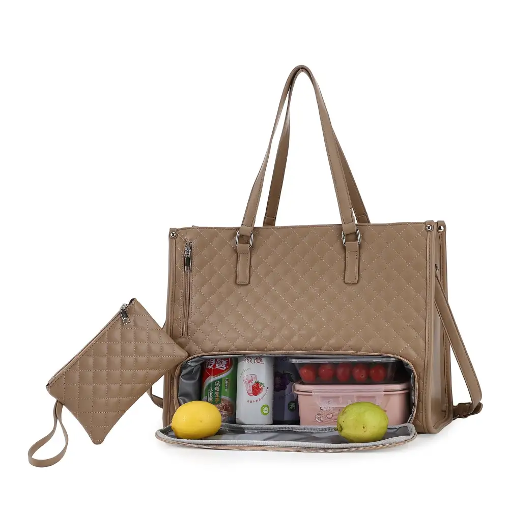Roomy Faux Leather Quilted Lunch Tote Bag