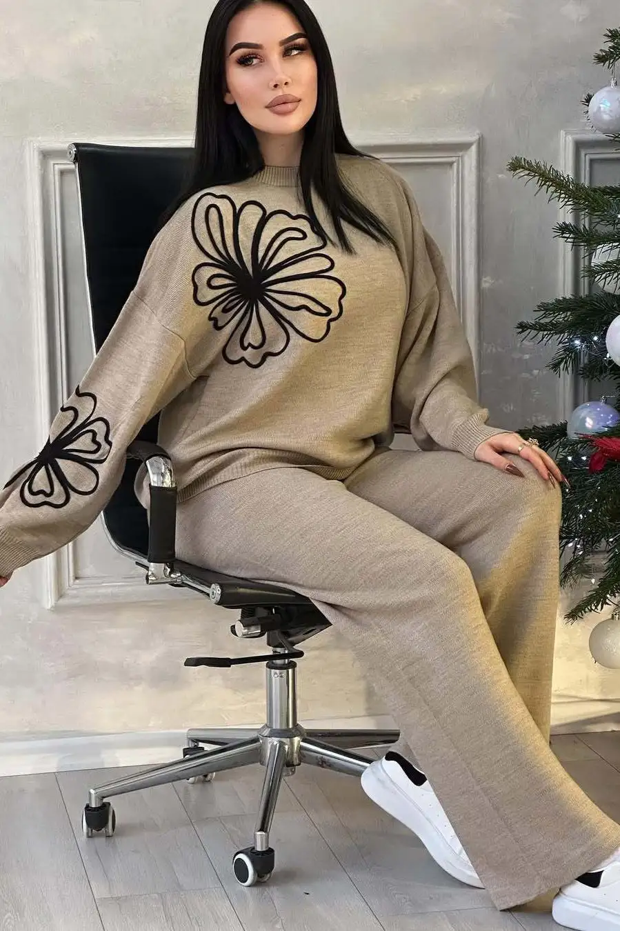 Casual Round Neck Knit Sweater with Pants Two Piece Pants Set