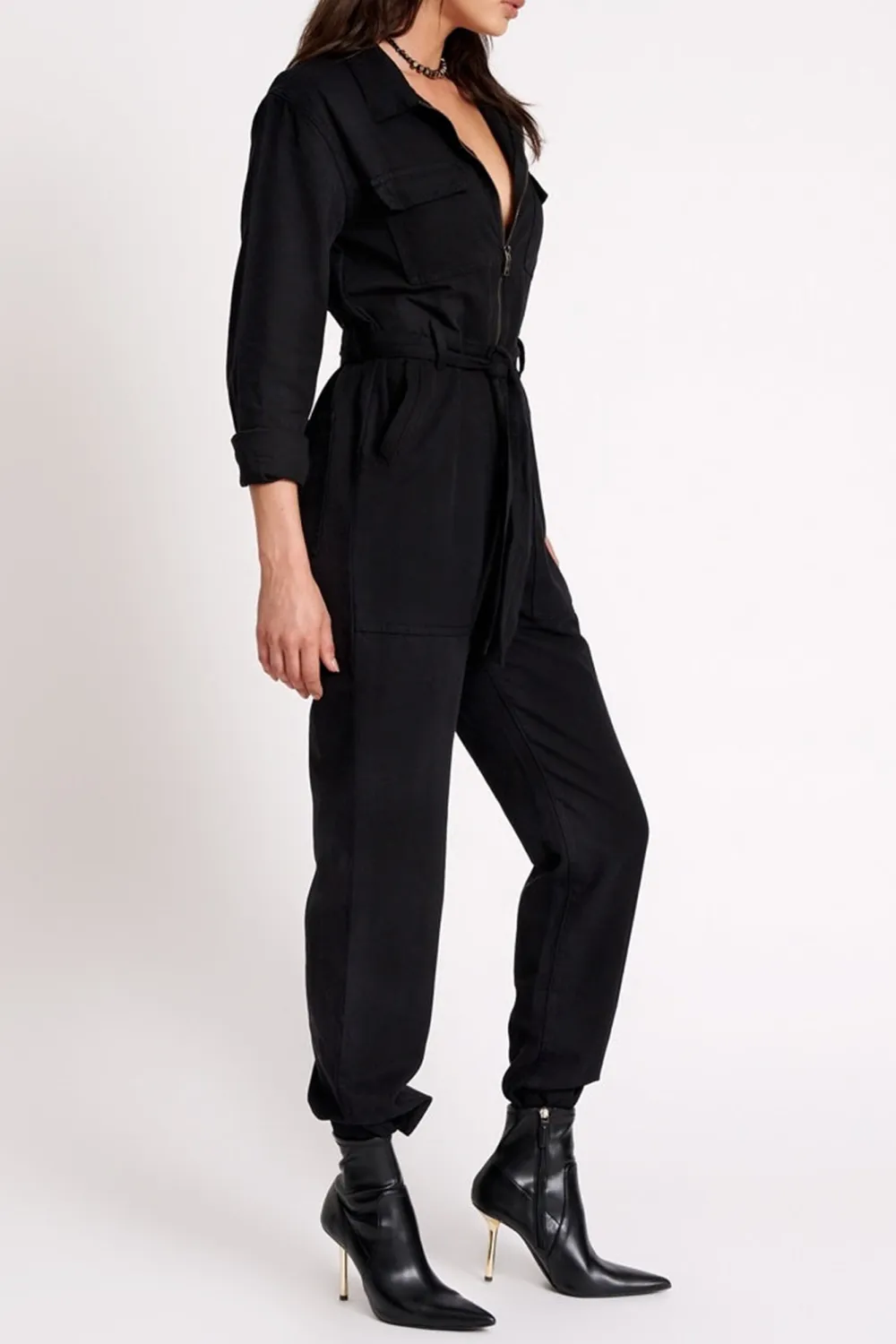 Black High-End Retro Lace-Up Waist-Cinching  Jumpsuit