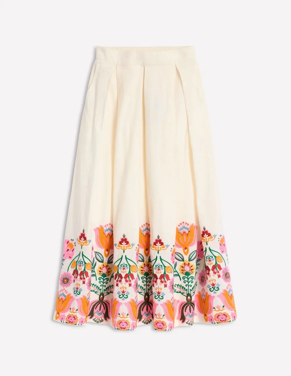 White Embroidered Verity Linen Midi Skirt