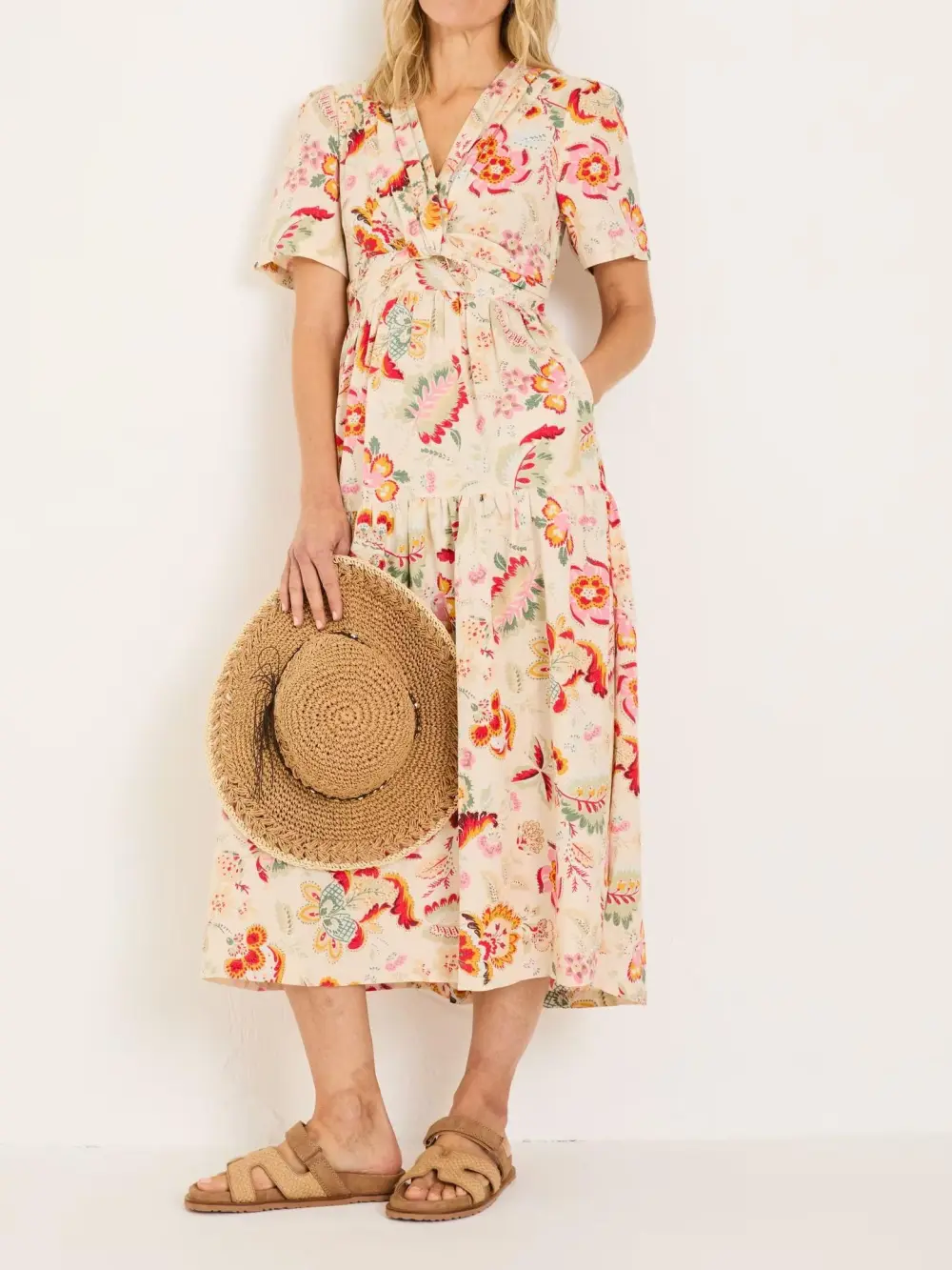 Cream Plants Printed Midi Dress