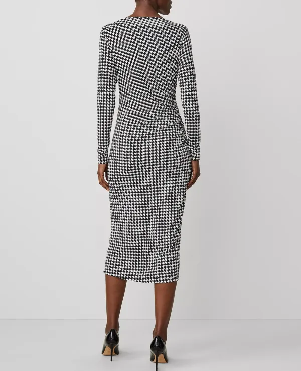 Houndstooth Gathered Waist Column Sheath Dress
