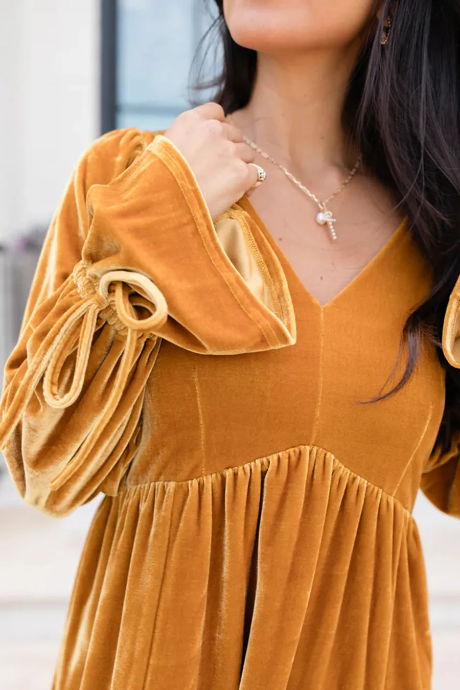 Gold Babydoll Style Velvet Dress