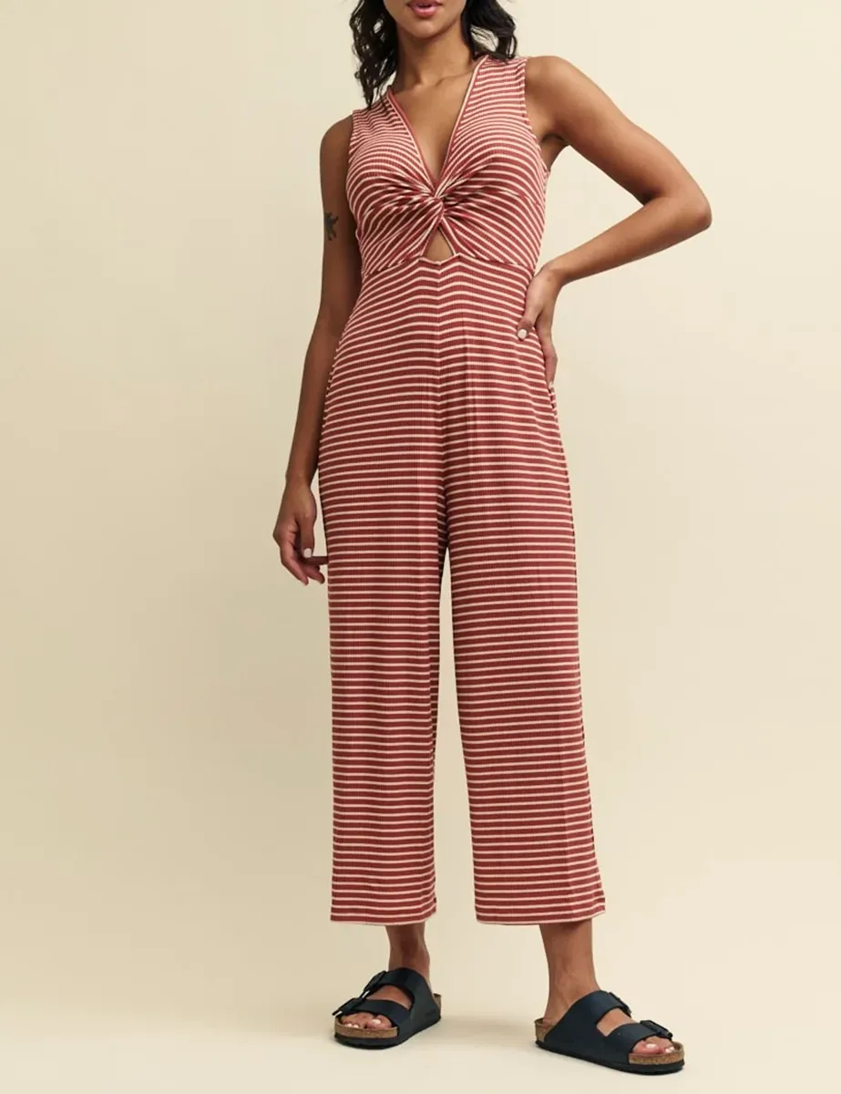 Brown Stripe Twist Front Jumpsuit