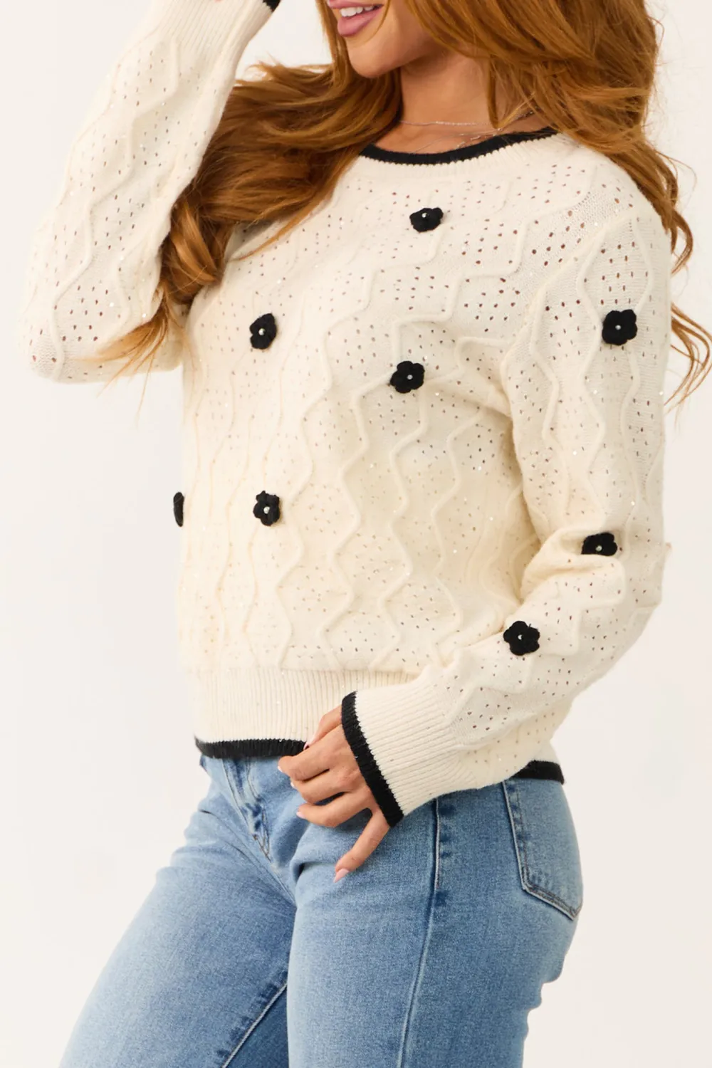 Cream Floral Applique Knit Sweater