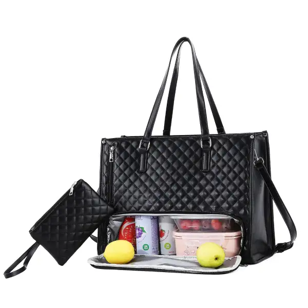 Roomy Faux Leather Quilted Lunch Tote Bag