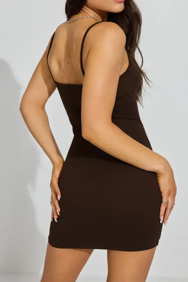 Deep V Neck Sleeveless Brown Mini Dress