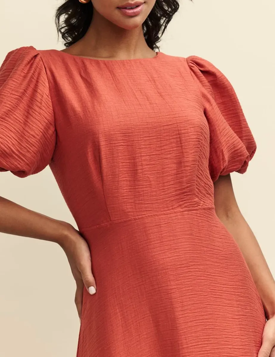 Puff Sleeve Textured Midi Dress