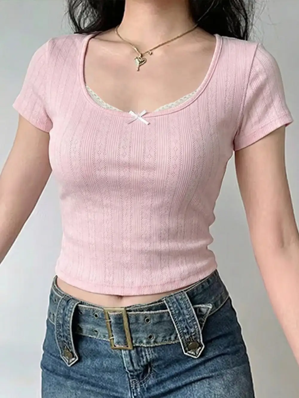 Lace Patch U Neck Crop T-Shirt
