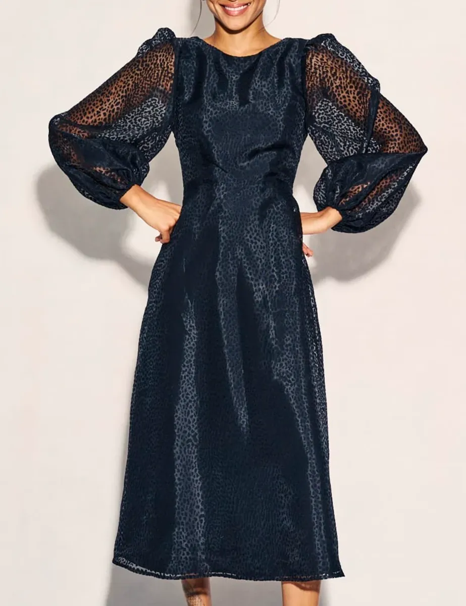Black Organza Balloon Sleeve Midi Dress