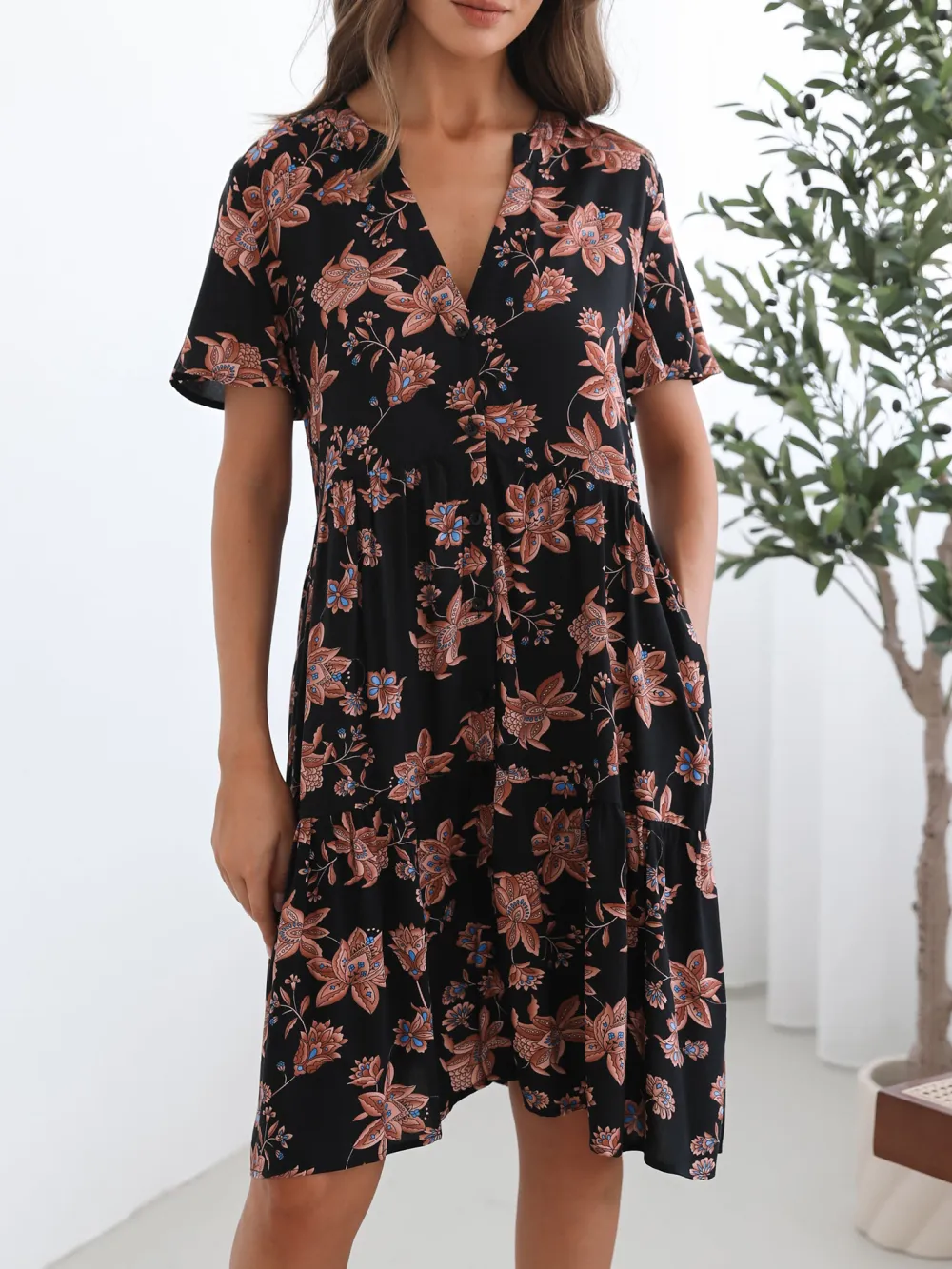 Black Floral V Neckline Dress