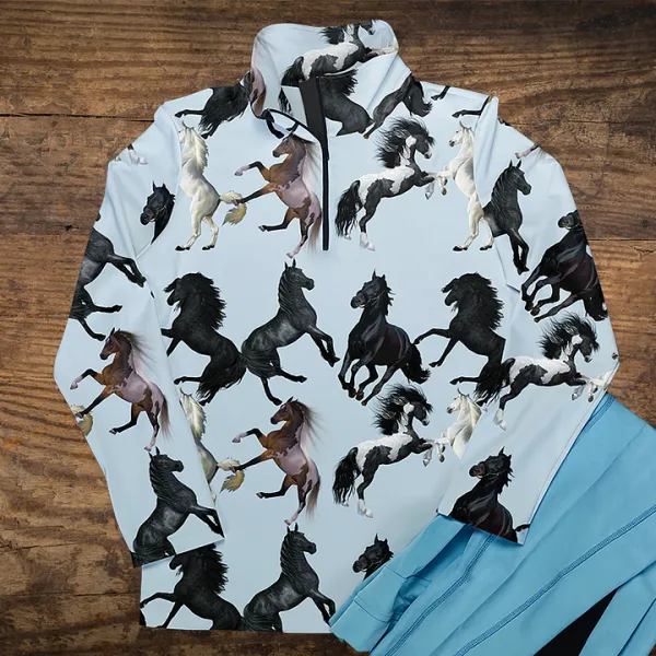 Women's Riding Style Horses Print Long Sleeve Casual Shirt