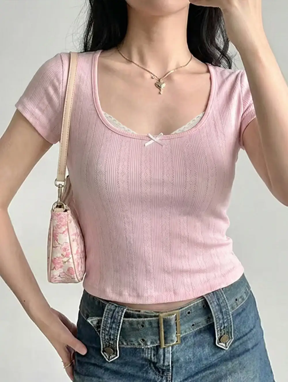 Lace Patch U Neck Crop T-Shirt