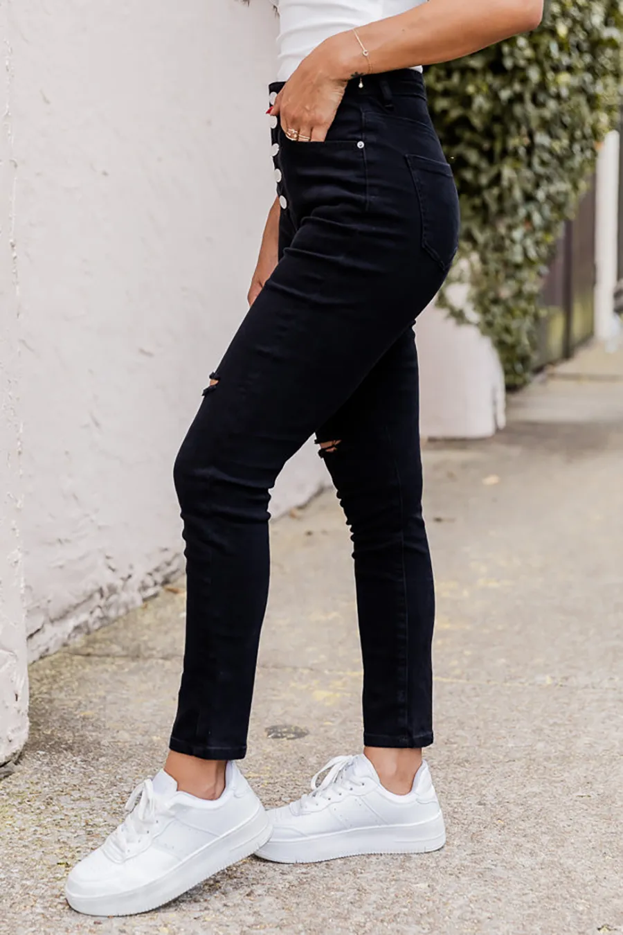 Black Button Fly Distressed Skinny Jeans