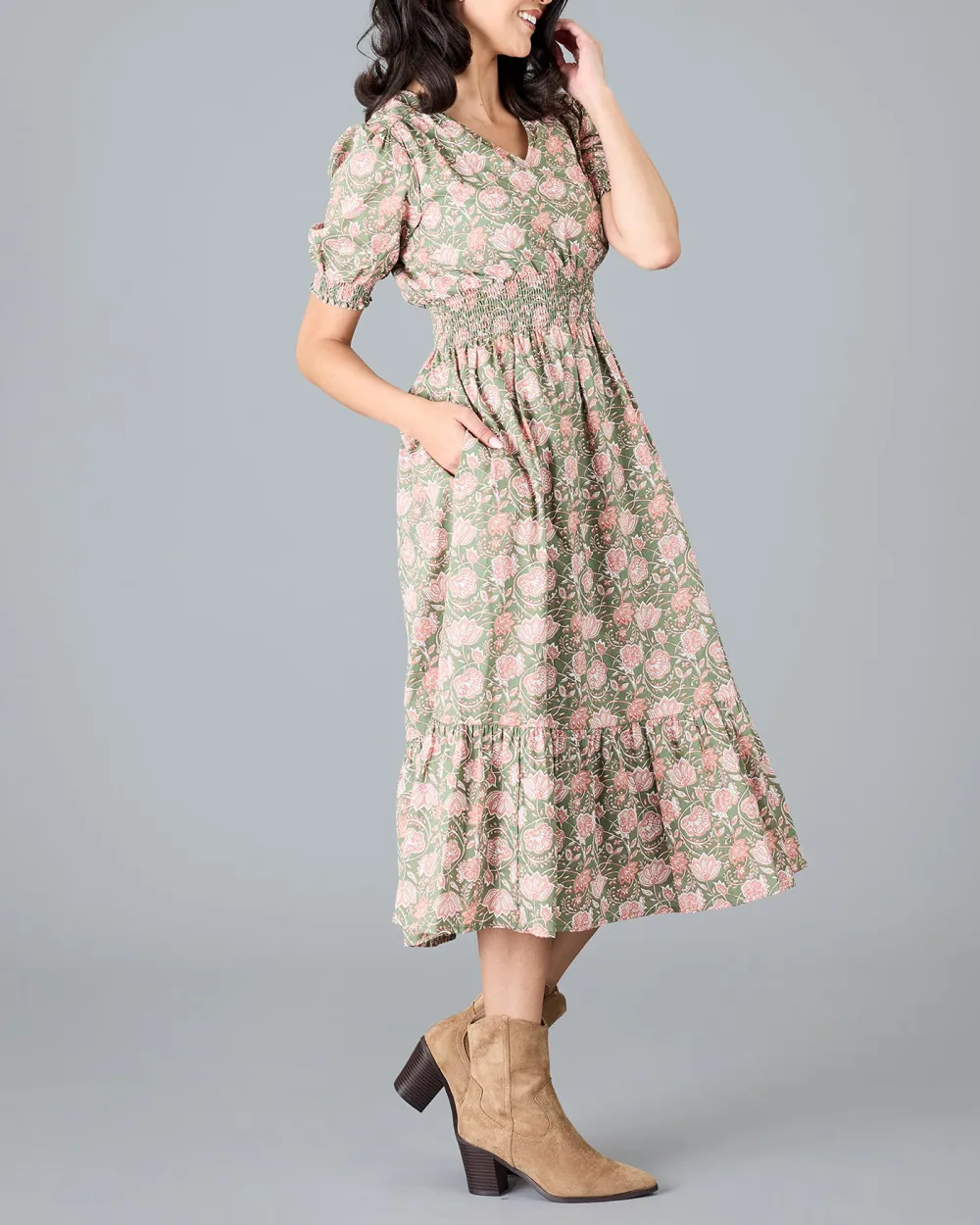 Green Pink Floral Print Midi Dress