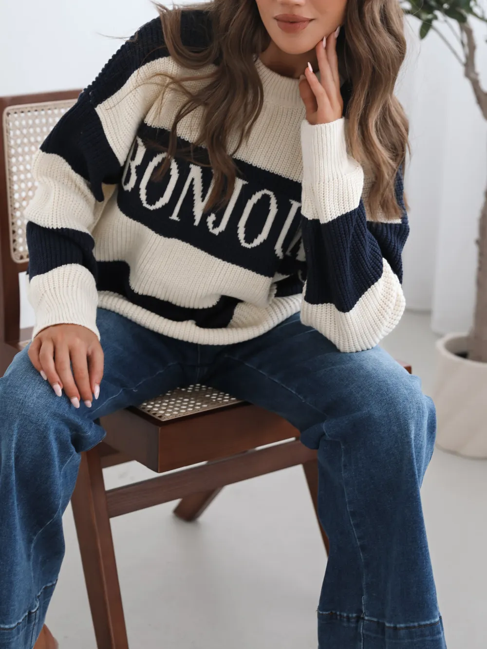 Navy Multi Casual Style Crew Neck Knit