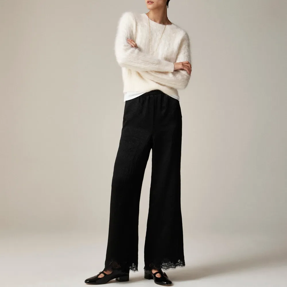 Satin Lace Hem Wide Leg Crop Pants