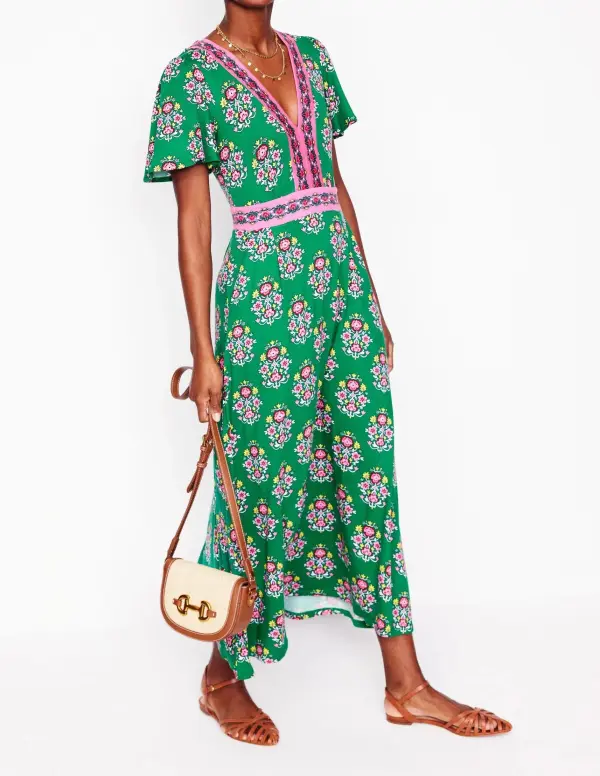 Green Floral Flutter - Sleeve Maxi Tea Dress