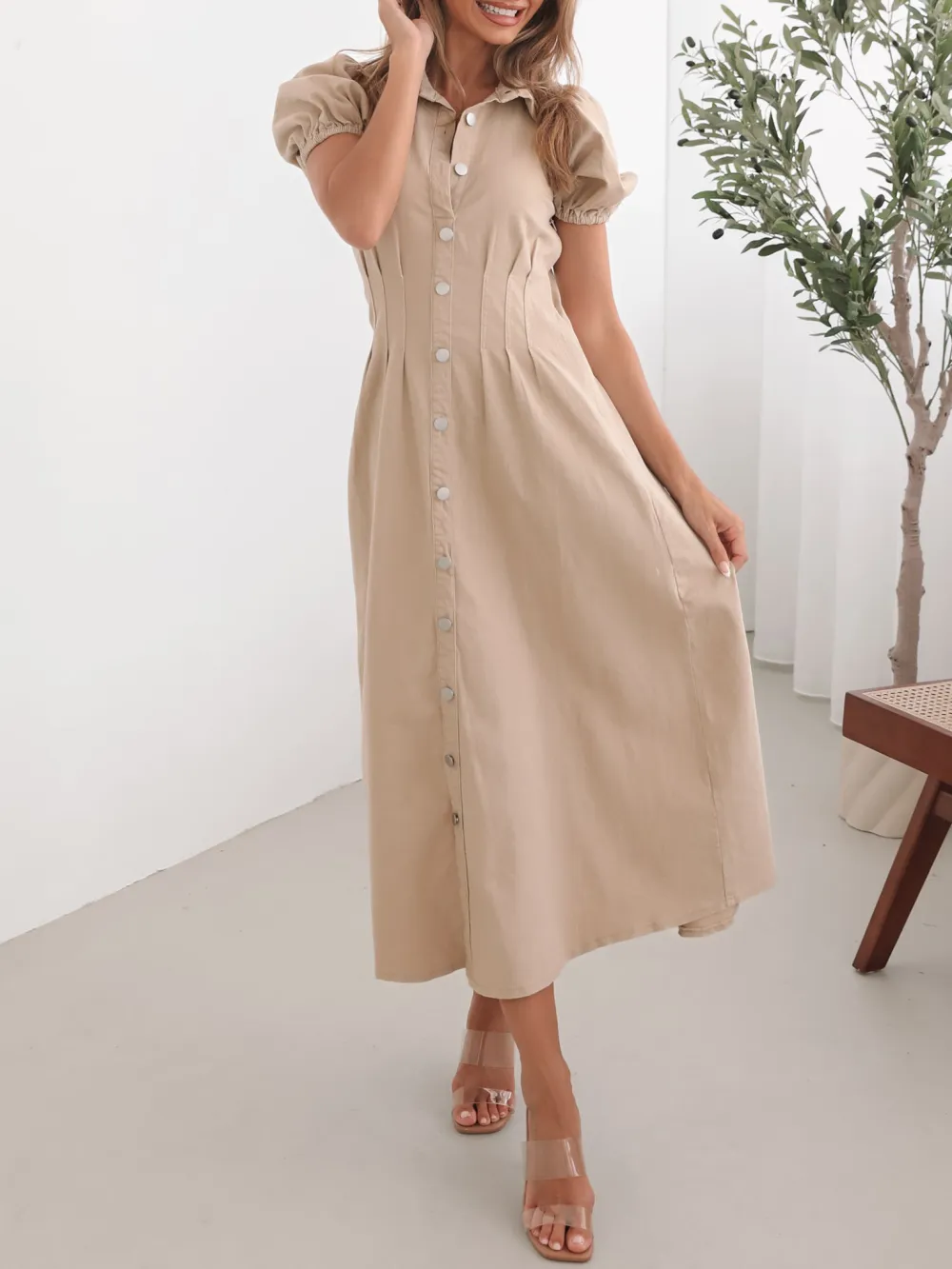 Beige Short Puff Sleeves Dress