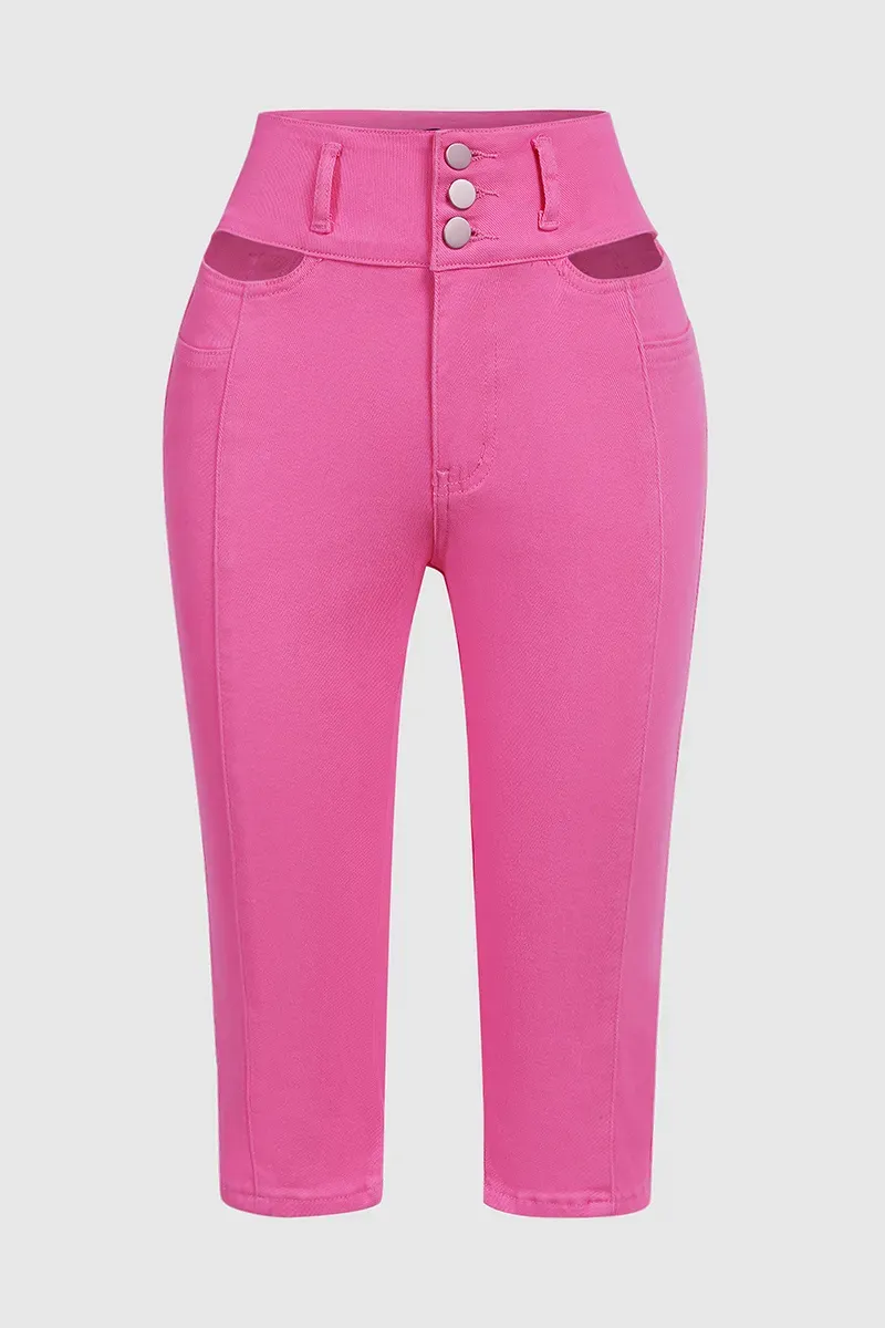 Solid Cut Out Waist Skinny High Waist Capri Jeans-($15 cash back for the first 50 people)