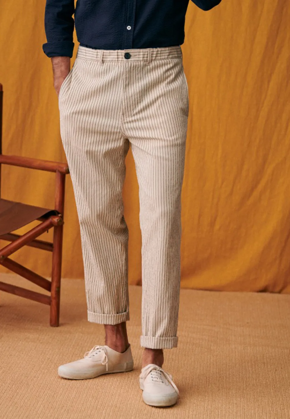 Trousers-Seersucker Beige Green Stripes