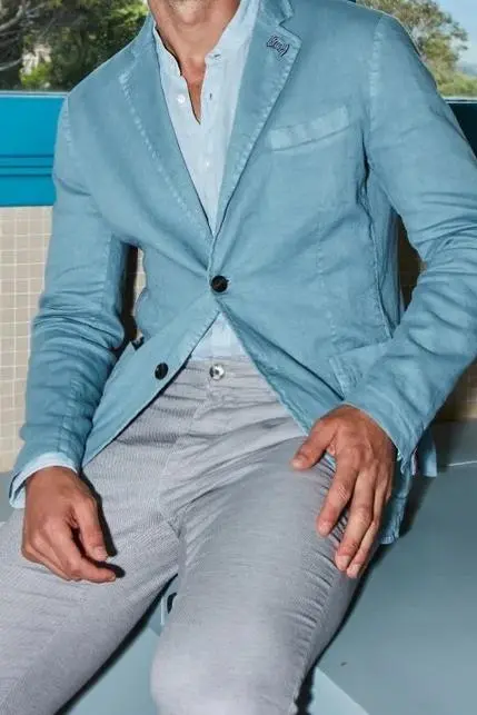 Light Blue Men's Cotton and Linen Twill Suit Jacket