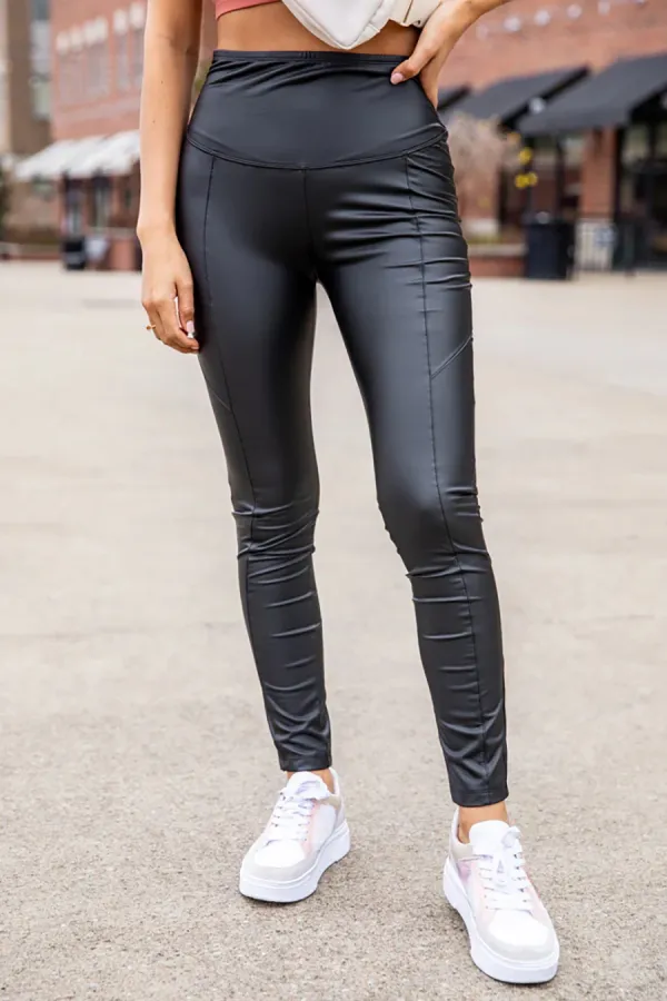 Black Front Seam Faux Leather Leggings