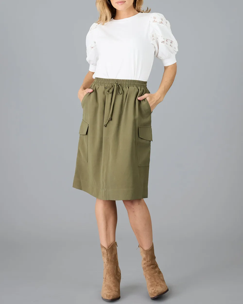 Burnt Olive Cargo Midi Skirt