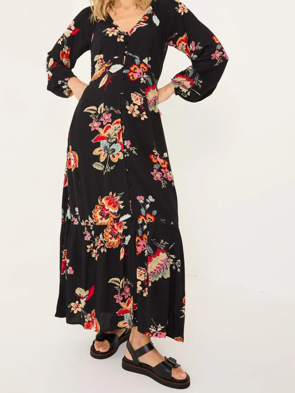 Black Floral Long Sleeve Midi Dress