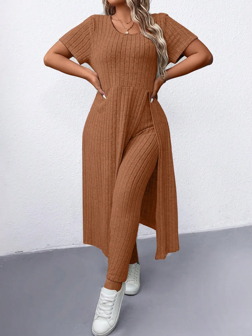 Women's Plus Size Minimalist Ribbed 2pc Tunic Set