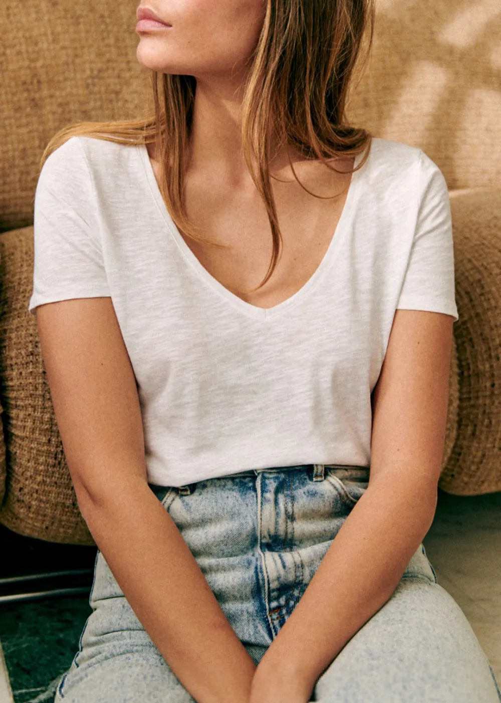 Short Cotton Solid Color V-neck T-shirt