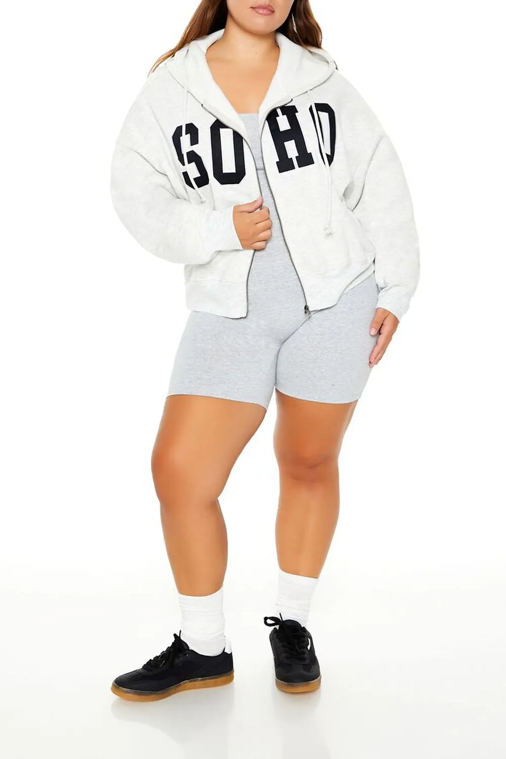 Plus Size Letter Print Zip-Up Hoodie