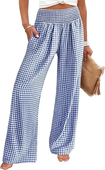 Women's High Waisted Plaid Wide Leg Pants - Lounge Pajama with Pockets