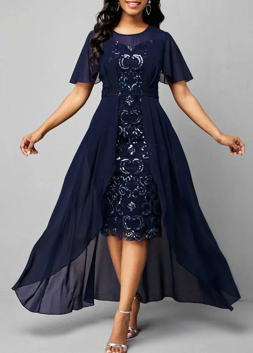 Sequined chiffon embroidered crew neck dress